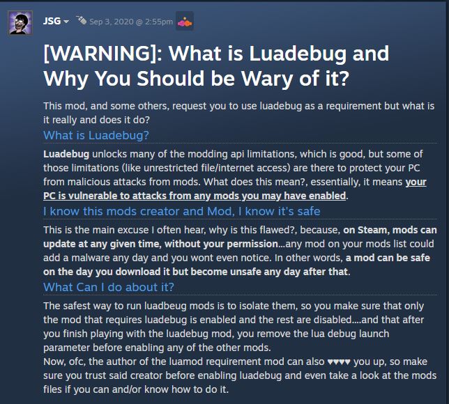 JSG's message on the SMB ROM hack mod uploaded to the Isaac workshop