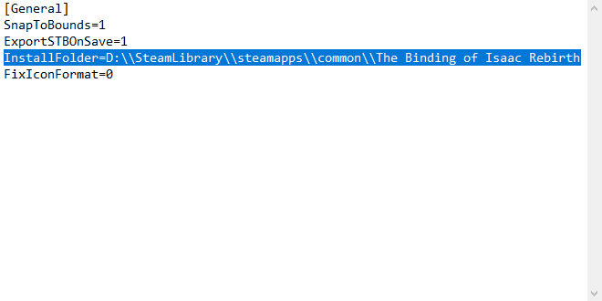 An open settings.ini with the InstallFolder line highlighted