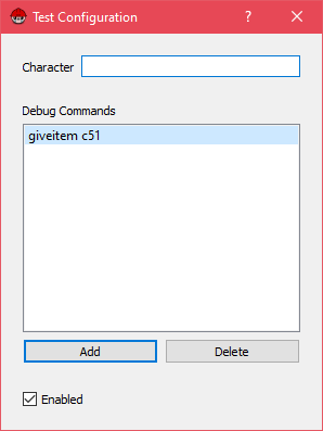 The test configuration menu with an item added